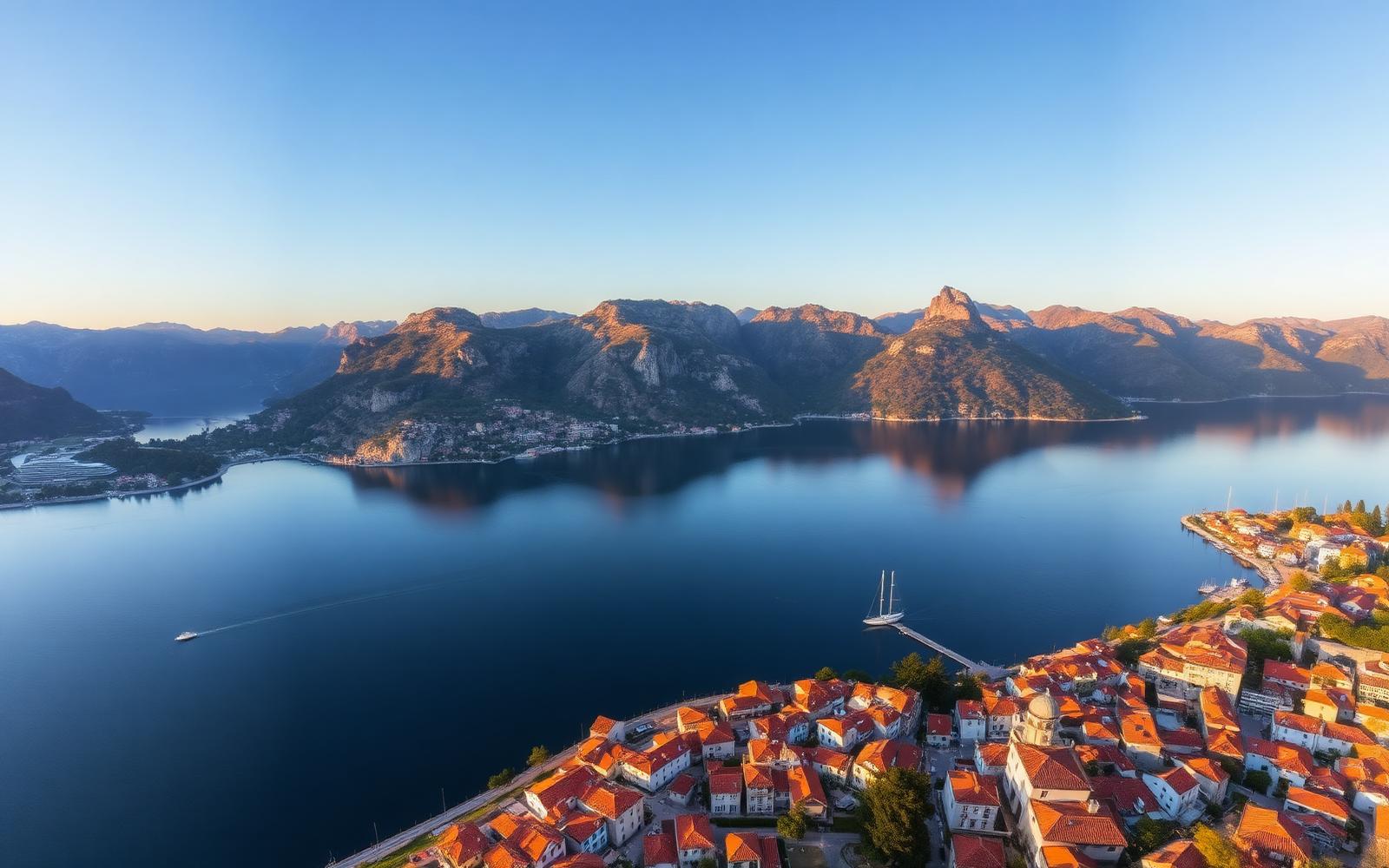 Aerial view of the Bay of Kotor at golden hour with mountains and terracotta rooftops
