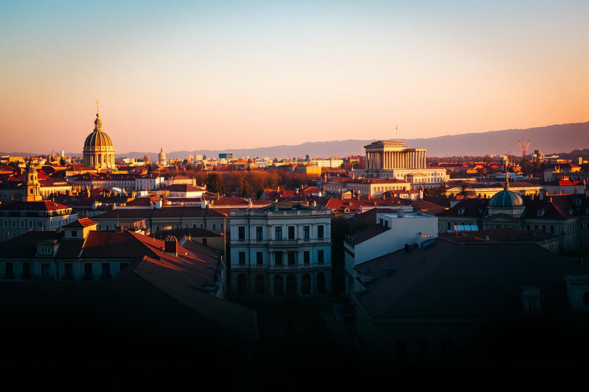 Golden-hour skyline of Madrid with terracotta rooftops and historic domes