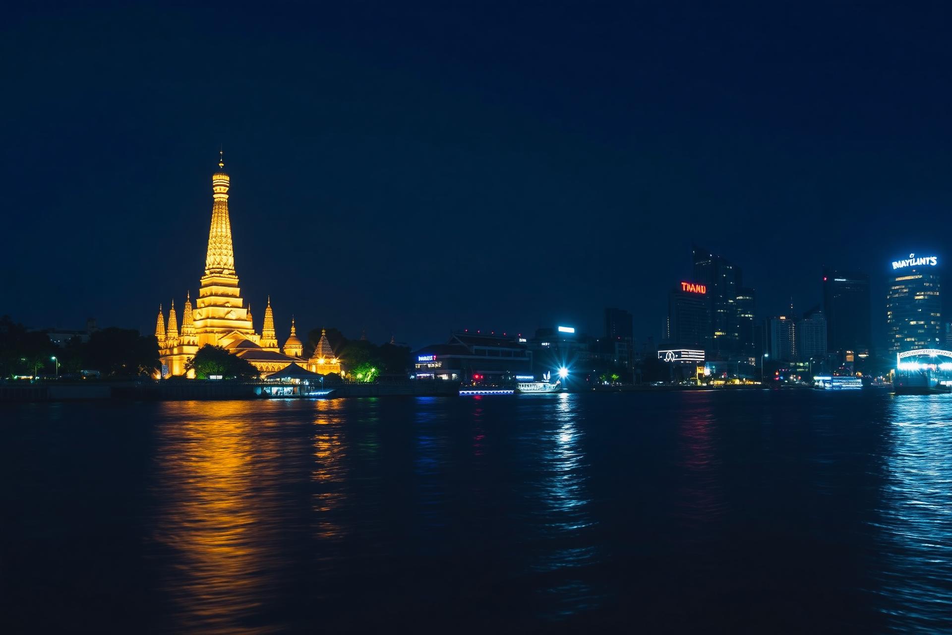 Twilight view of Wat Arun temple on the Chao Phraya river in Bangkok
