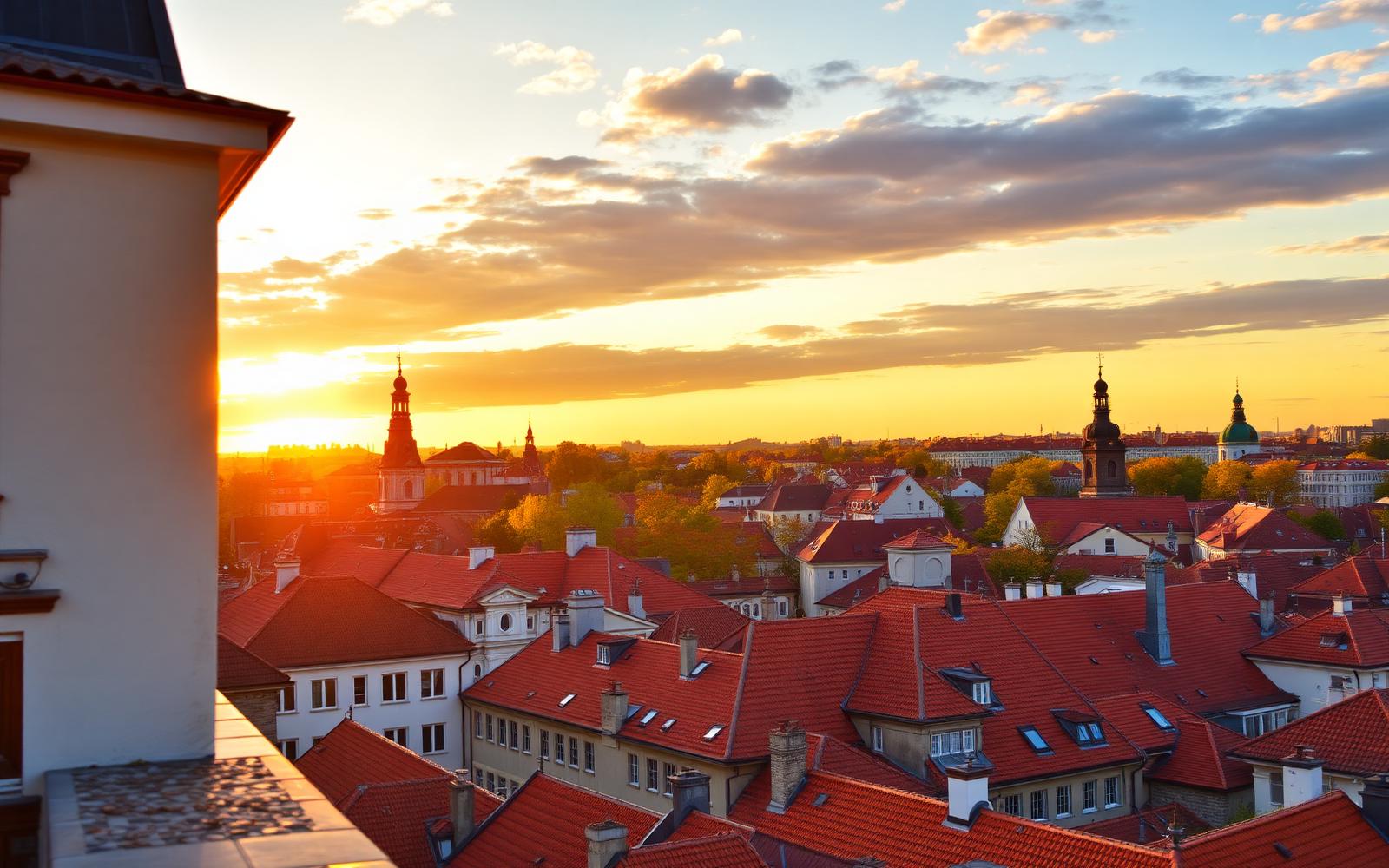 Golden-hour view of Bucharest's historic old town with terracotta rooftops