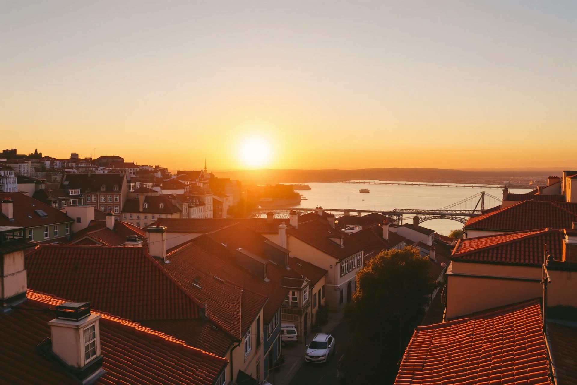 Sunset over Lisbon's Alfama rooftops and the Tagus river